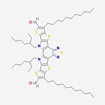 Picture of Y6-5,3,27-Bis(2-ethylhexyl)-8,22-di(undecyl)-6,10,15,20,24-pentathia-3,14,16,27-tetrazaoctacyclo[16.9.0.02,12.04,11.05,9.013,17.019,26.021,25]heptacosa-1(18),2(12),4(11),5(9),7,13,16,19(26),21(25),22-decaene-7,23-dicarbaldehyde