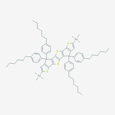Picture of 1,1'-[4,4,9,9-Tetrakis(4-hexylphenyl)-4,9-dihydrothieno[3',2':4,5]cyclopenta[1,2-
b]thieno[2'',3'':3',4']cyclopenta[1',2':4,5]thieno[2,3- d]thiophene-2,7-diyl]bis[1,1,1-
trimethylstannane] 