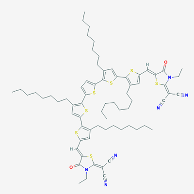 Picture of 2,?2'-?[(3,?3''',?3'''',?4'-?tetraoctyl[2,?2':5',?2'':5'',?2''':5''',?2''''-?quinquethiophene]?-?5,?5''''-?diyl)?bis[(Z)?-?methylidyne(3-?ethyl-?4-?oxo-?5,?2-?thiazolidinediyliden?e)?]?]?bis-propanedinitrile