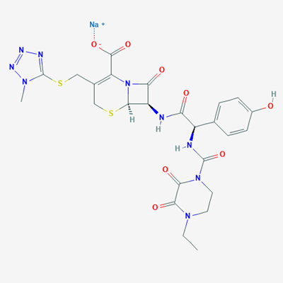 Picture of Sodium (6R,7R)-7-((R)-2-(4-ethyl-2,3-dioxopiperazine-1-carboxamido)-2-(4-hydroxyphenyl)acetamido)-3-(((1-methyl-1H-tetrazol-5-yl)thio)methyl)-8-oxo-5-thia-1-azabicyclo[4.2.0]oct-2-ene-2-carboxylate
