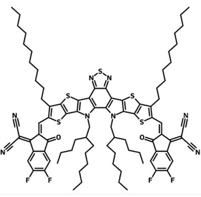 Picture of 2,2'-((2Z,2'Z)-((12,13-bis(2-butyloctyl)-3,9-diundecyl-12,13-dihydro-[1,2,5]thiadiazolo[3,4-e]thieno[2",3’':4’,5']thieno[2',3':4,5]pyrrolo[3,2-g]thieno[2',3':4,5]thieno[3,2-b]indole-2,10-diyl)bis(methanylylidene))bis(5,6-difluoro-3-oxo-2,3-dihydro-1H-inde